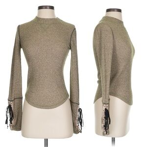 Free People Tan Green Ribbed Women's Top Tie Sleeves XS